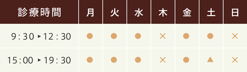 診療時間 午前9時30分から12時30分、午後15時から19時30分